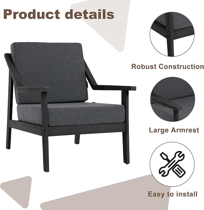 Outdoor Patio Furniture Set, 2 Piece Outdoor Patio Sofa Armchairs with Washable Thick Cushions, All-Weather Solid Wood Patio Bistro Set for Porch, Balcony, Black Frame & Dark Gray Cushion