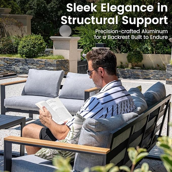 Sundale Outdoor Aluminum Patio Furniture Set, 4 Piece Outdoor Conversation Sets with Coffee Table and 6" Thick Olefin Cushions, All Weather Outdoor Sectional Set for Deck, Lawn, Yard (Grey)