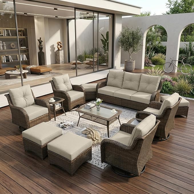 Luxury Patio Conversation Set, 12-Piece Ergonomic High Back Wicker Sofa&Swivel Chair Set with 6-Inch Deep Seating Cushions, Large Patio Furniture Set for Garden, Deck & Balcony, Beige