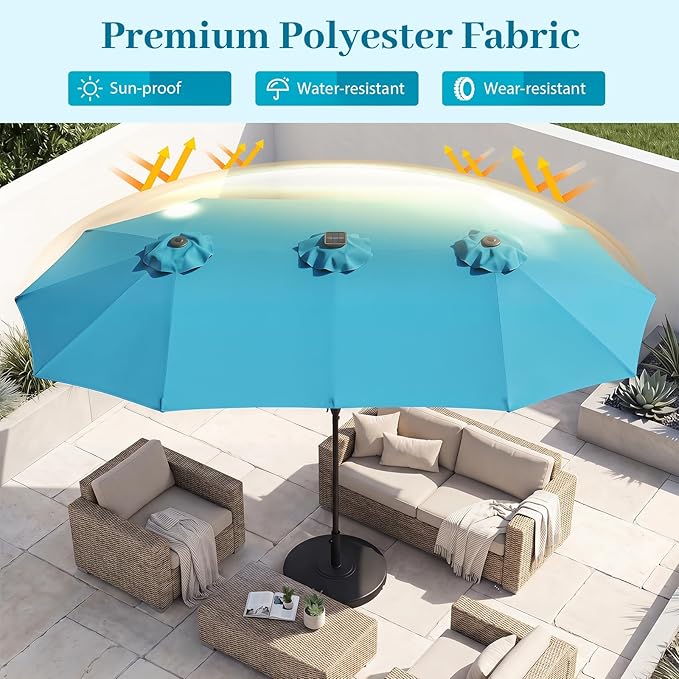 Tangkula 13 Ft Solar Patio Umbrella, Double-Sided Extra Large Outdoor Market Table Umbrella with 36 LED Lights, Crank Handle, 12 Sturdy Ribs for Poolside, Garden & Backyard (Turquoise)