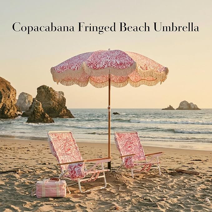 6FT Fringe Beach Umbrella for Sand, Boho Coastal Patio Umbrella with Tassels, UPF 50+ Sun Protection, Tilt, Carry Bag for Beach Vacation & Pool, Reef Crimson