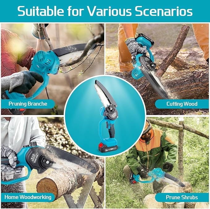 6-Inch Mini Cordless Chainsaw, Battery Powered Hand Held Electric Saw, High Speed Portable Saw for Tree Trimming, Branch Pruning, Wood & Soft Metal Cutting, Automatic Lubrication and Safety Protection
