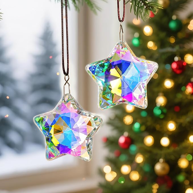2 Pcs 2 Inch AB Crystal Star Prism Suncatcher Window Hanging Decor | Handmade AB Coating Crystal Star Prism Suncatcher Rainbow Pendants Set of 2 for Window Garden Home Office Christmas Decor