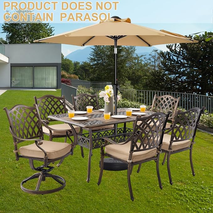 7-Piece Cast Aluminum Outdoor Dining Set, Antique Bronze Patio Furniture for 6 Includes 60" Rectangular Dining Table, 4 Stackable Chairs & 2 Swivel Chairs with Cushions & Umbrella Hole