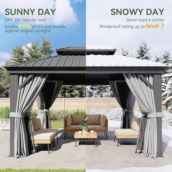 Aoxun 10' x 12' Outdoor Gazebo for Backyard, Hardtop Aluminum Gazebo with Metal Steel Double Roof, Pavilion with Netting and Curtains for Patio Deck Garden, Grey