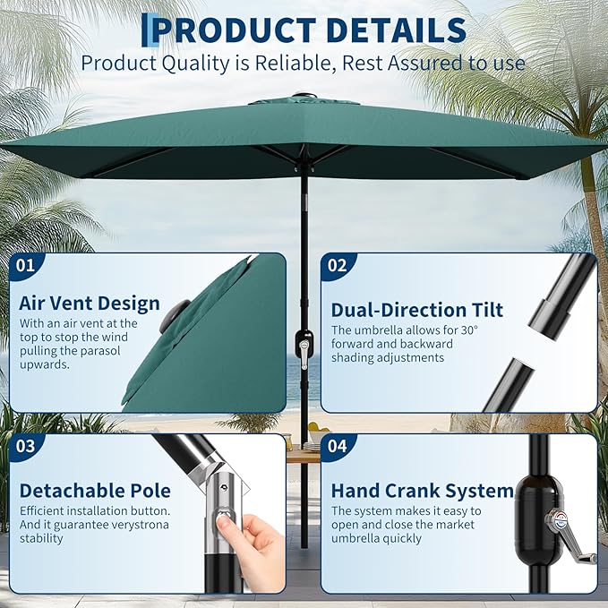 Garvee 10' x 6.5' Rectangular Patio Umbrella, Outdoor Table Umbrella with Crank and Push Button Tilt, Market Umbrella Sun Umbrella with 6 Sturdy Ribs Tilt for Garden, Deck, Lawn, Pool -Turquoise