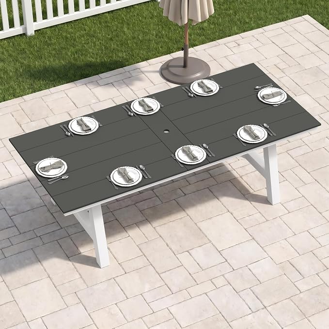Costaelm Rectangle Patio Table, 8-Person Backyard Table 90" HDPE Dining Table with Umbrella Hole and Metal Frame for Outside, Garden, Poolside, Deck, Porch, Balcony, Gray