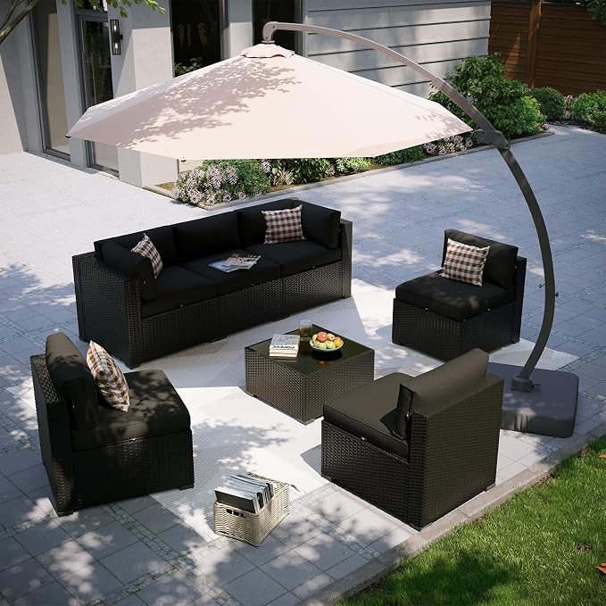 Aoxun Patio Furniture Set with Umbrella, 8 Piece Outdoor Sectional Sofas, Wicker Rattan Outdoor Furniture with Thickened Cushion for Backyard, Garden Black