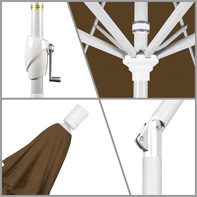 California Umbrella 9' Round Aluminum Market Umbrella, Crank Lift, Push Button Tilt, White Pole, Teak Olefin