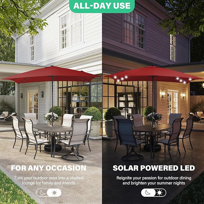 JEAREY 8x10 ft Rectangular LED Lighted Patio Umbrellas Outdoor Solar Table Market Umbrella w/Crank, 8 Sturdy Ribs, UV Protection Waterproof Sunproof(Red)