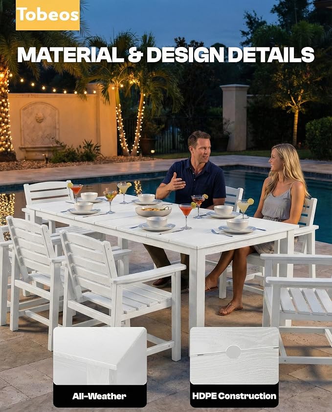 9-Pc Outdoor Dining Set, 10x10FT Cantilever Umbrella for 8,White | HDPE table, chairs included, aluminum frame, weather-resistant furniture, perfect for yard, lawn, garden, deck