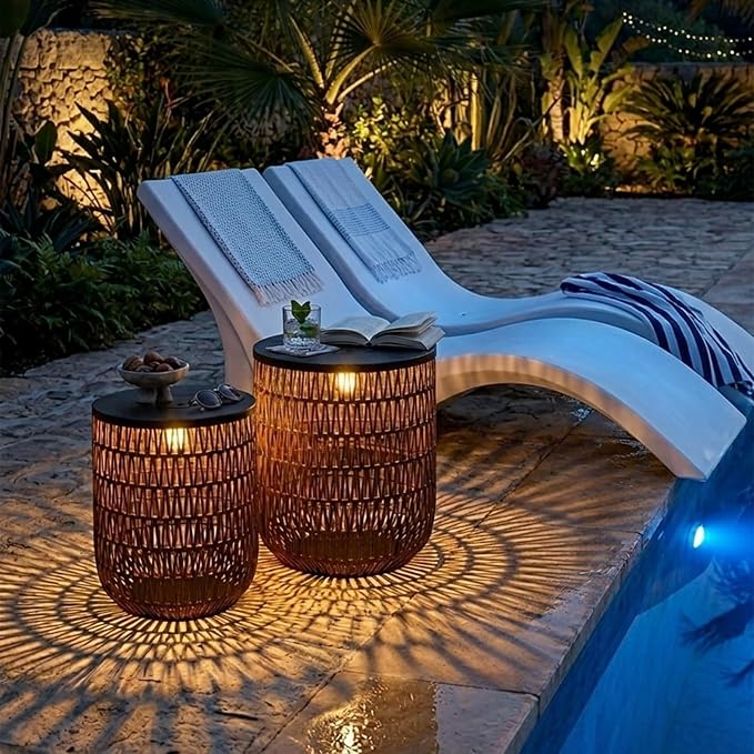 HMVPL Solar Outdoor Side Table Set of 2 with Dimmable Light, Round Patio Side Table for Outside, Outdoor End Accent Tables, Waterproof Plastic Rattan Patio End Table for Backyard Gazebo, Dusk to Dawn