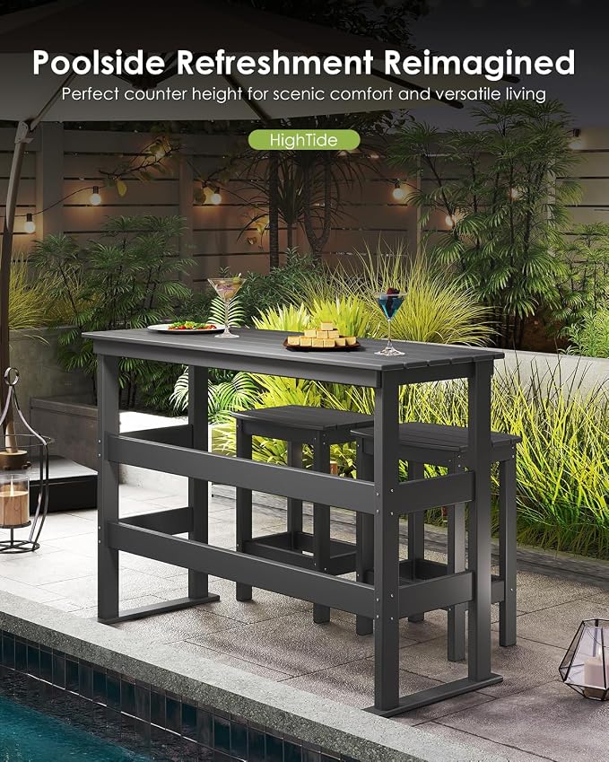 GREENVINES Outdoor Bar Set | HDPE Plastic | 3-Piece | 37″ Counter Height Patio Table & 2 Backless Stools | Rectangle | High Top | All Weather | for Backyard Balcony Poolside | Grey