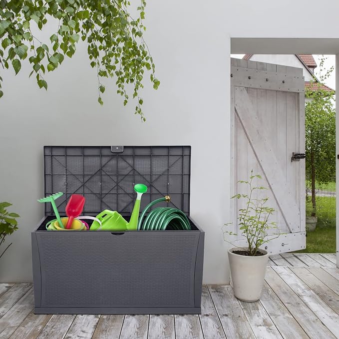 VINGLI 120 Gallon Large Deck Box Outdoor Storage Box with Lid, Plastic Patio Furniture Container Bin Rattan Grain Surface for Cushions Books Garden Tools Pool Accessories (Grey)