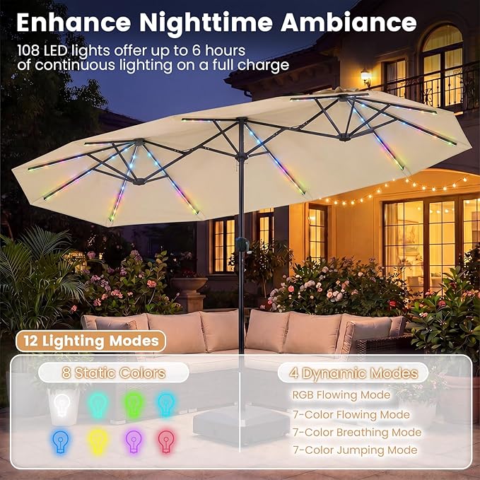 Tangkula 13 Ft Solar Patio Umbrella, Double-Sided Extra Large Outdoor Market Table Umbrella with 108 Multi-Colored Flowing LED Lights, Crank Handle, 12 Sturdy Ribs for Poolside, Garden & Backyard (Beige)