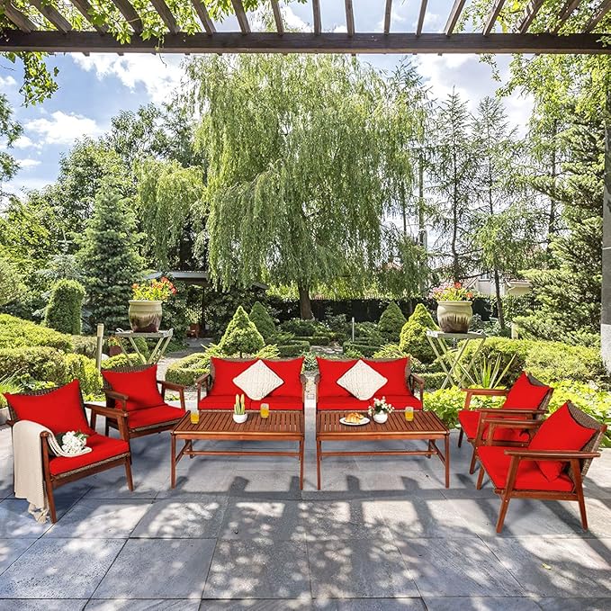 Tangkula 8 PCS Patio Wood Sofa Set, Outdoor Acacia Wood Seating Chat Set with Cushions & Coffee Table, Sectional Conversation Sofa Set for Garden, Backyard, Poolside (2, Red)