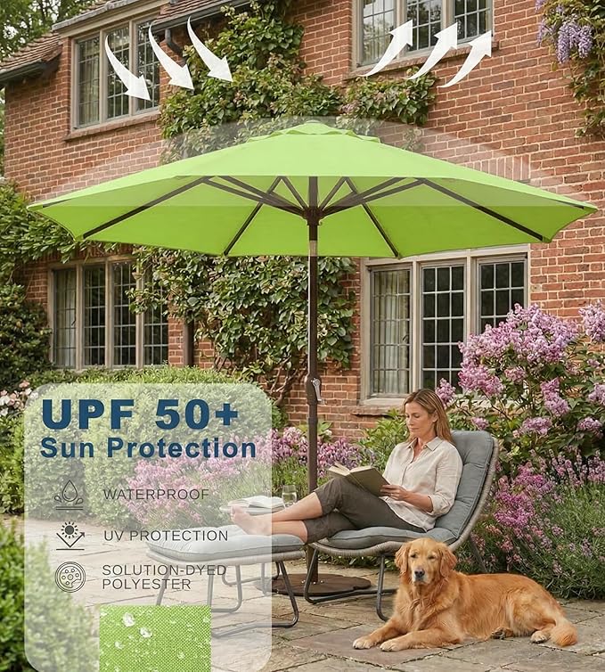 PatioKingdom 9FT Patio Outdoor Umbrella-UPF 50+ Sun Shade with Wind Vent, Push-Button Tilt & Smooth Crank Lift, Rust-Resistant Fiberglass Frame for Garden, Backyard,Yard (Apple Green)