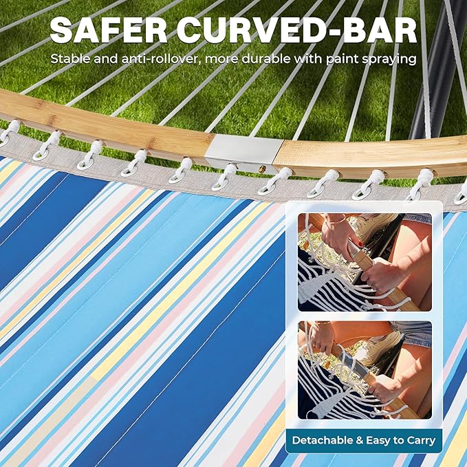 SUPERJARE Curved-Bar Hammock with Stand, 2 Person Heavy Duty Hammock Frame, Detachable Pillow & Portable Carrying Bag, Perfect for Outdoor & Indoor, Holiday Voyage Stripe