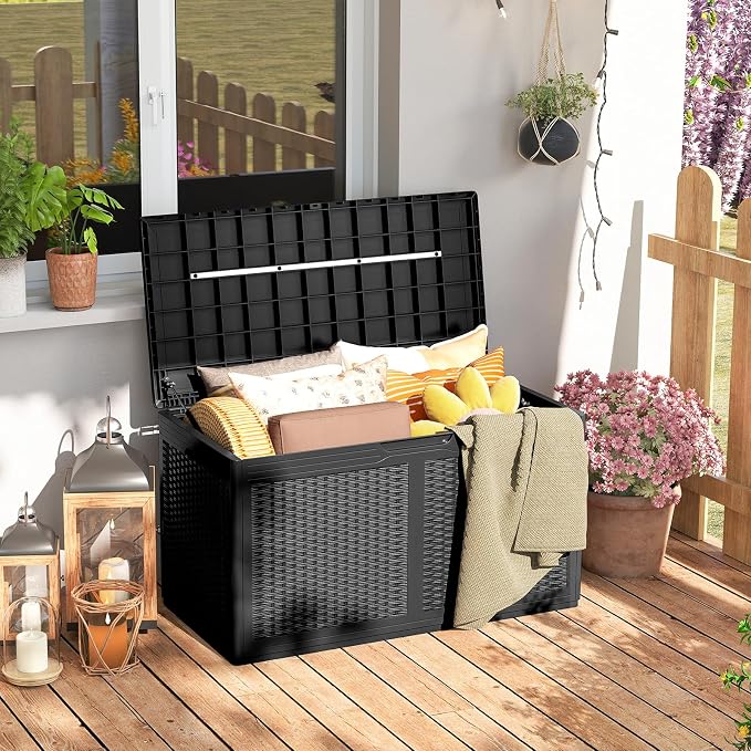 Giantex 100 Gallon Resin Outdoor Storage Box, Waterproof Deck Box w/Lockable Lid & Wheels, Rattan Storage Container Bench for Patio Cushions, Pool Accessories, Gardening Tools, 440 lbs (Black)