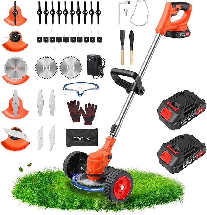 Cordless Weed Wacker, Stringless Electric Weed Eater & Lawn Edger with 2x2000mAh Battery. Lightweight Weed Cutter/Grass Cutter, 5 Different Blades & Wheels,Suitable for Garden Yard Trimming
