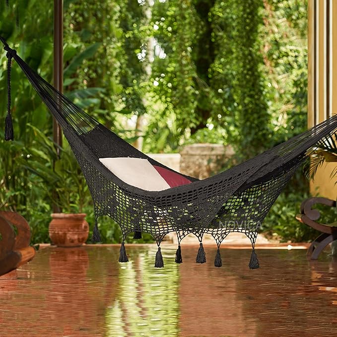 Novica Handmade Veranda in Black Cotton Rope Hammock (Triple)