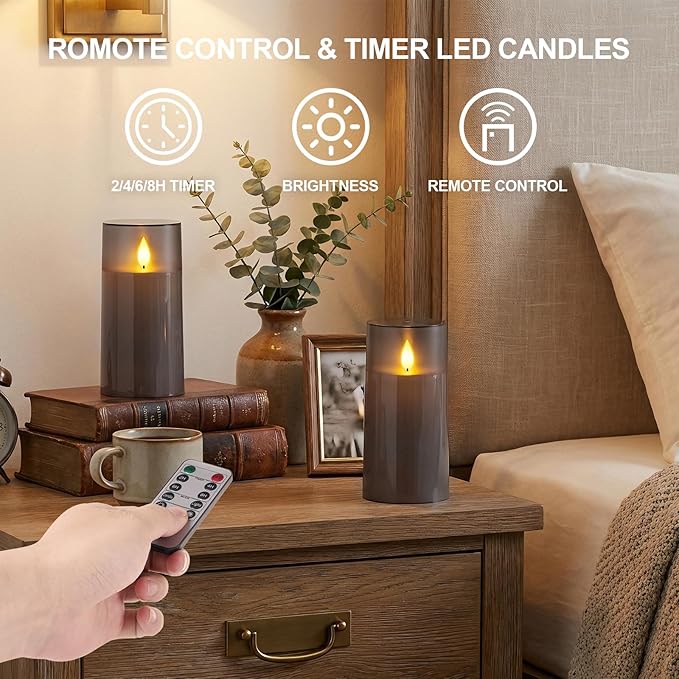 Homemory 3"×6" Battery Candles with Remote & Timer,Gray Acrylic Realistic Flickering LED Pillar Candles, Waterproof Fake Candle for Home and Lantern Decor, Set of 2
