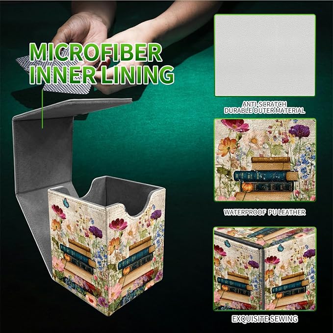 Vintage Flower Books Card Deck Box for MTG, Personalized Card Storage Case Fits 120+ Sleeved Cards, Premium Leather TCG Box with Strong Magnetic Closure for Magic, CCG, PTCG, Baseball Cards