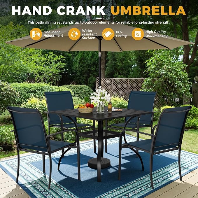 Incbruce 6 Pieces Patio Dining Set with Brown Umbrella, Outdoor Dining Set of 4 Textilene Chairs and Square Table with Umbrella Hole for Backyard, Garden, and Poolside (Blue)