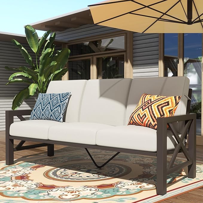 NATURAL EXPRESSIONS Patio 3 Seater Sofa Patio Furniture Set Outdoor Deep Seating Couch with 6.5'' Thick Olefin Cushion,High Back Metal Frame for Garden,Front Porch, Deck, Balcony, Backyard