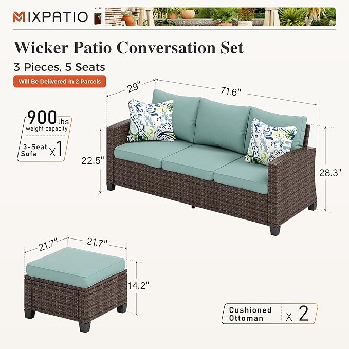 3 Pieces Wicker Patio Furniture Set, Rattan Outdoor Conversation Set with 3-Seater Sofa, 2 Pieces Ottomans, Blue