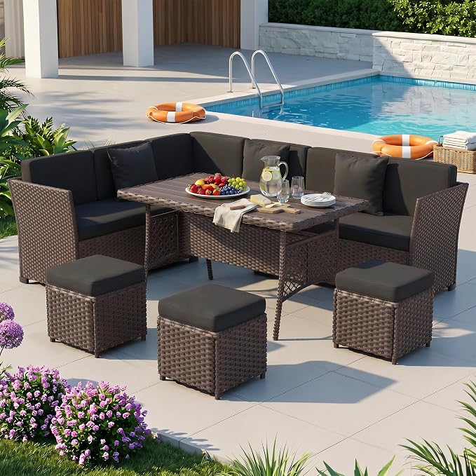 Patio Furniture Set, 7 Pieces Outdoor Dining Sets, All Weather Rattan Conversation Set, Outdoor Dining Sectional Sofa with Large Dining Table, Ottoman (Brown-Dark Grey, A-7 Pieces)