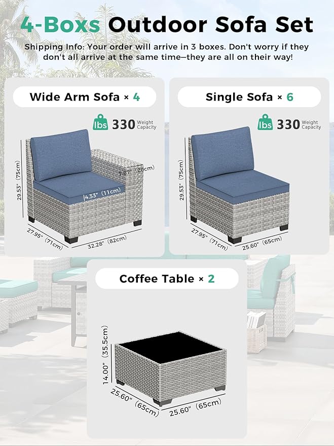 12 Piece Outdoor Wicker Rattan Sectional Sofa Set, 10-Seats Patio Furniture Conversation Set with 4" Thickened Cushions & Coffee Table, All-Weather PE Rattan for Garden, Backyard, Porch, Blue