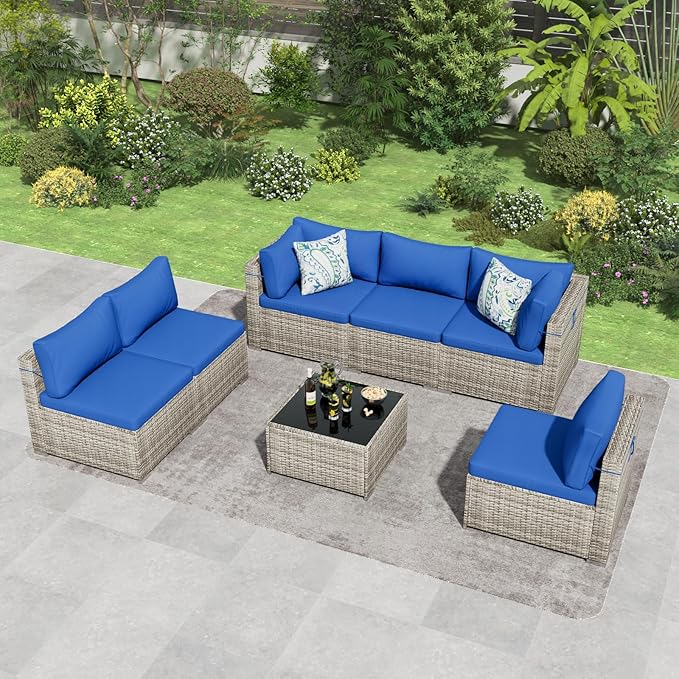 7 Piece Patio Furniture Set, Outdoor Wicker Patio Sofa Set, PE Rattan Sectional Couch with Glass Table and Blue Cushions, All-Weather 7 Piece Outdoor Patio Furniture Sets, Grey