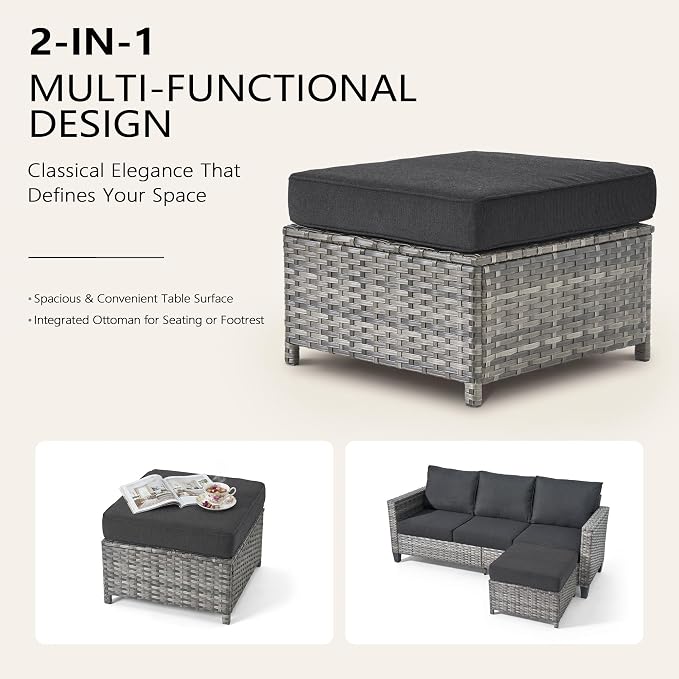 CAODOC 8-Piece Outdoor Wicker Patio Set with 9 Seats, Including 53" Fire Pit - Sectional Sofa and Conversation Set for Backyard or Lawn, Gray Rattan with Waterproof Black Cushions