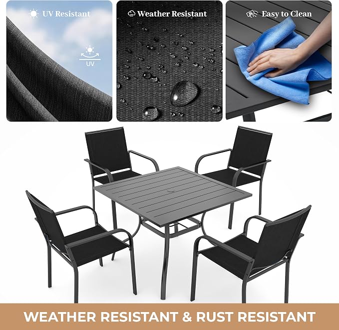 Anmutig 5 Piece Patio Dining Set, Outdoor Black Stackable Chairs and 35" Square Metal Patio Table with 1.57" Umbrella Hole for Garden Backyard Deck, Black