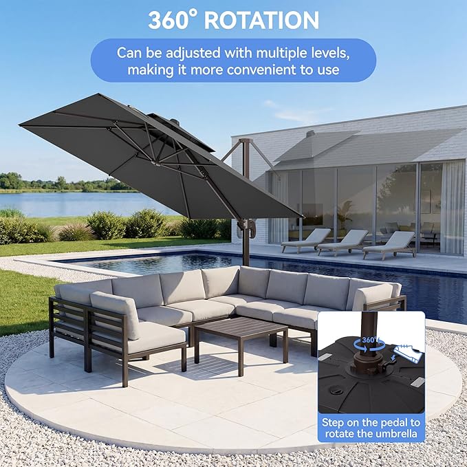 10x10FT Grey Cantilever Outdoor Patio Umbrella with Base, Large Square Offset Design, Double Top Heavy Duty Aluminum Frame & 360° Rotation for Pool Garden Deck Backyard