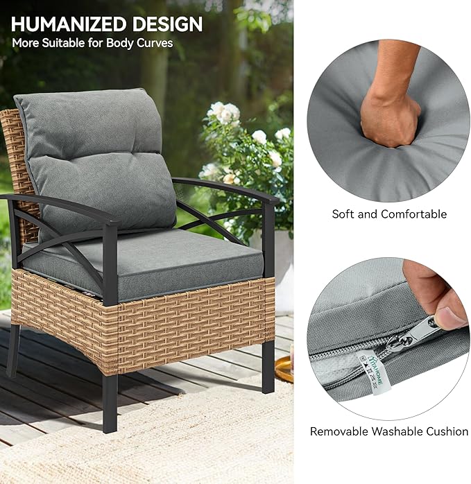 YITAHOME 4 Pieces Patio Furniture Set Outdoor Wicker Patio Conversation Set with Metal Table and Soft Cushions All-Weather Rattan Bistro Set with Loveseat (Light Brown + Gray)
