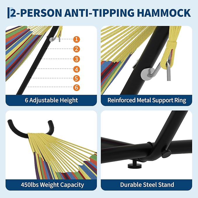 Double Hammocks with Stand for Outside, Portable Space Saving Heavy-Duty Steel Stand for Indoor Outdoor Patio with Carrying Bag, 450 lbs Capacity (Rainbow Stripes)