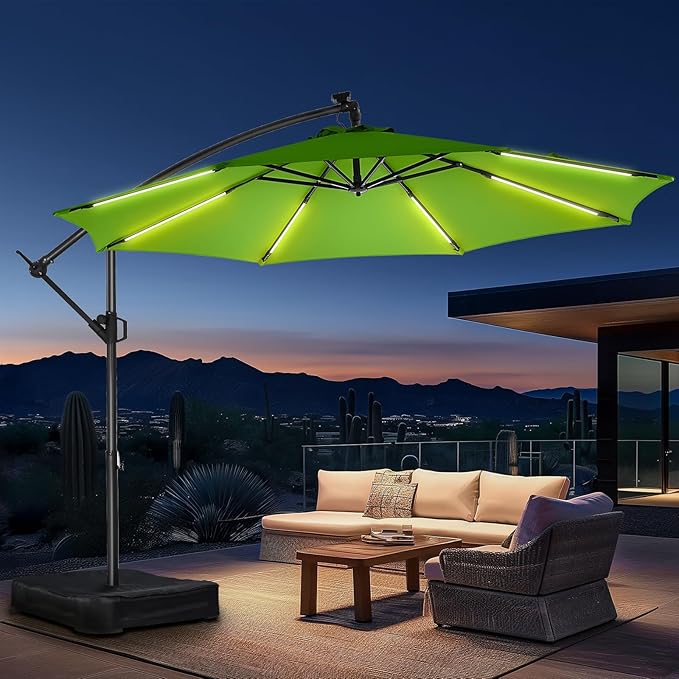 HOMSHADE 10ft Solar Lights Offset Cantilever Patio Umbrella - with Light and Base, LED Lighted Offset Hanging Patio Outdoor Market Umbrella UPF50+ UV Protection with Easy Tilt and Crank (Green)