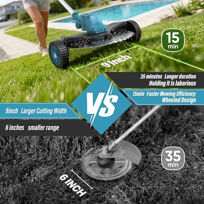 Electric String Trimmer Cordless with Wheel, 1000W Battery Powered Weed Wacker, 2x4.0Ah Batteries, Adjustable Length, 4‑in‑1 Lightweight Grass Trimmer/Brush Cutter/Weed Trimmer/Edger Tool