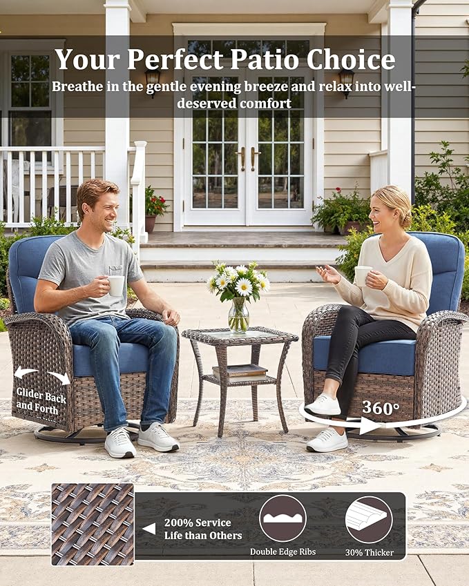 3-Piece Luxury Patio Conversation Set with 6-Inch Thick Cushions, High-Back Outdoor Swivel Rocking Chairs & Side Table, All-Weather Furniture Set for Porch, Deck, Balcony or Backyard – Blue