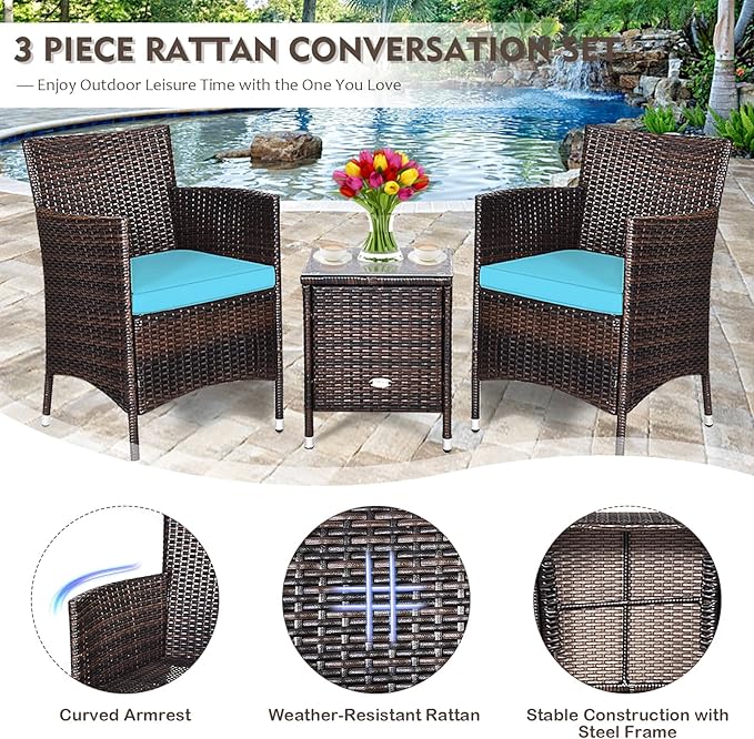 DORTALA 3 Piece PE Rattan Patio Furniture Set, Outdoor Chairs & Table Set with Tempered Glass Top & Cushions, Wicker Conversation Set for Garden Backyard, Turquoise