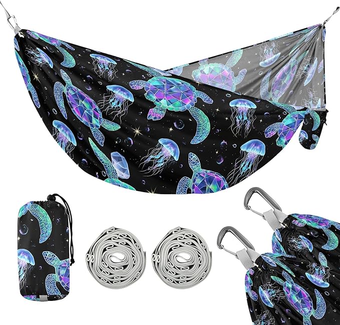 Camping Hammock Outdoor Hammocks for Outside Neon Jellyfish Turtle Beach Trees Portable Lightweight with Pockets Tree Straps Indoor Small