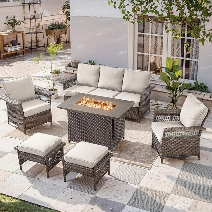Patio Furniture Set with Fire Pit Table, 6PCS Patio Conversation Set Brown Resin Wicker Patio Chair Sofa Ottoman with 41in Rectangular Outdoor Fire Table PE Rattan Furniture Set
