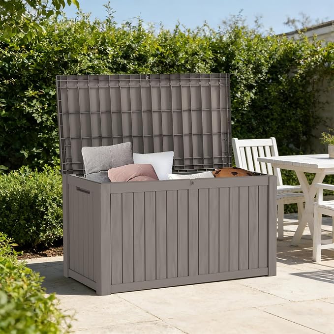 150 Gallon Outdoor Deck Boxes, IP68 Waterproof Outdoor Storage Box with Hydraulic Lid Support, Outside Resin Container for Furniture, Toy, Shoe, Garden & Patio Tools Storage -Brown