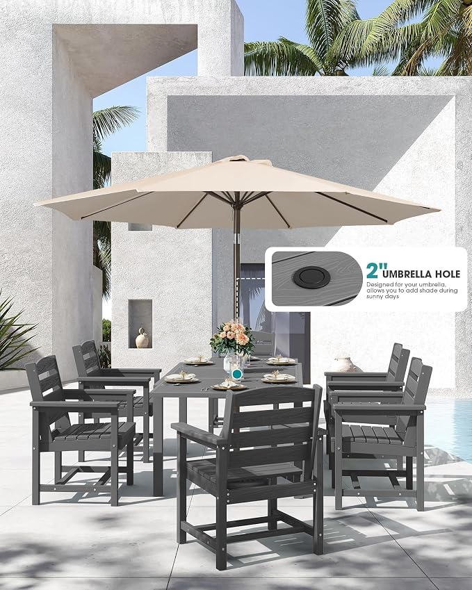 SERWALL 60" - 83" Expandable Outdoor Dining Table and 6 HDPE Chairs, Grey | Outdoor Dining Set for 6, All Weather Aluminum and HDPE Outdoor Furniture Set, Extendable Patio Dining Table