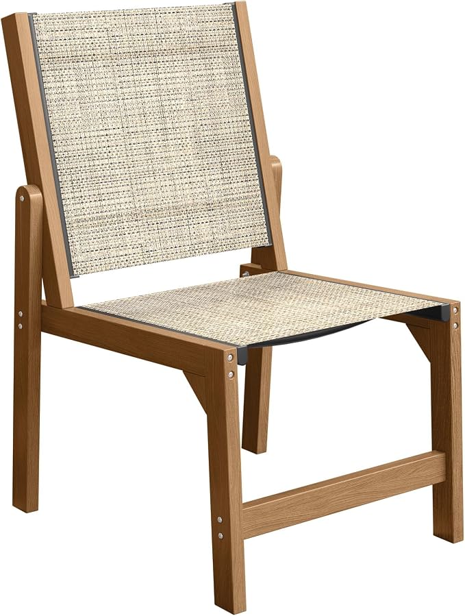 Patio Stackable Chair, HDPE Armless Outdoor Dining Chairs with Wide Seat, All-Weather Textilene Oversized Porch Chair for Garden, Poolside, Backyard, Deck | Teak