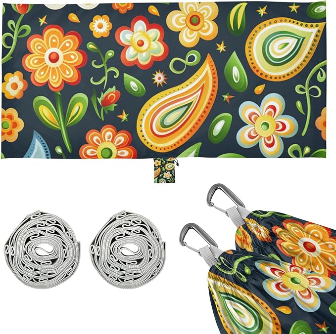 Cartoon Childish Paisley Pattern Pattern Olive 330lb Capacity Outdoor Hammocks with Tree Straps Cloth Hammock for Outside Camping Essentials Bases para hamacas para adultos