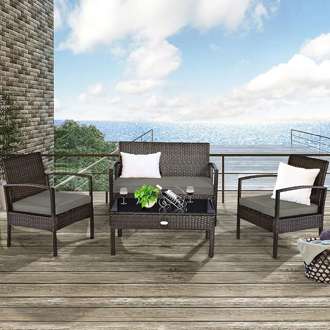 Tangkula 8-PCS Wicker Patio Conversation Furniture Set, Outdoor Rattan Chair and Table Set, Patio Furniture Sets with Coffee Table & Washable Cushions for Courtyard Balcony Garden (2, Brown)