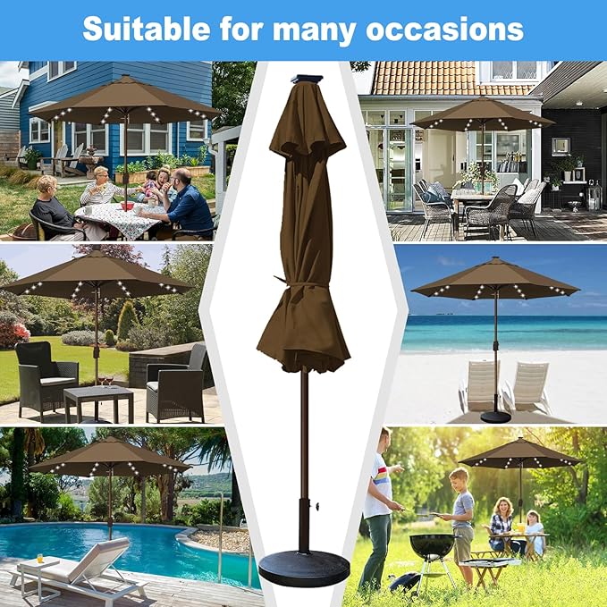 Eurmax USA 10-Year-Non-Fading 10FT Outdoor Patio Market Umbrella with LED Lights,UPF50+ UV Resistant,Heavy Duty Commercial Grade,Crank Lift Design,Windproof Vented Top for Garden,Pool,Deck,Chestnut